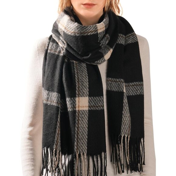 Winter Scarf Women's Shawl Cashmere Feel Tassel Plaid Oversized Scarves Black - Picture 1 of 7